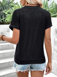 SHEIN LUNE Áo thun nữ Nút phía trước Tranh thêu màu trơn Giải trí - màu đen - Xem 2