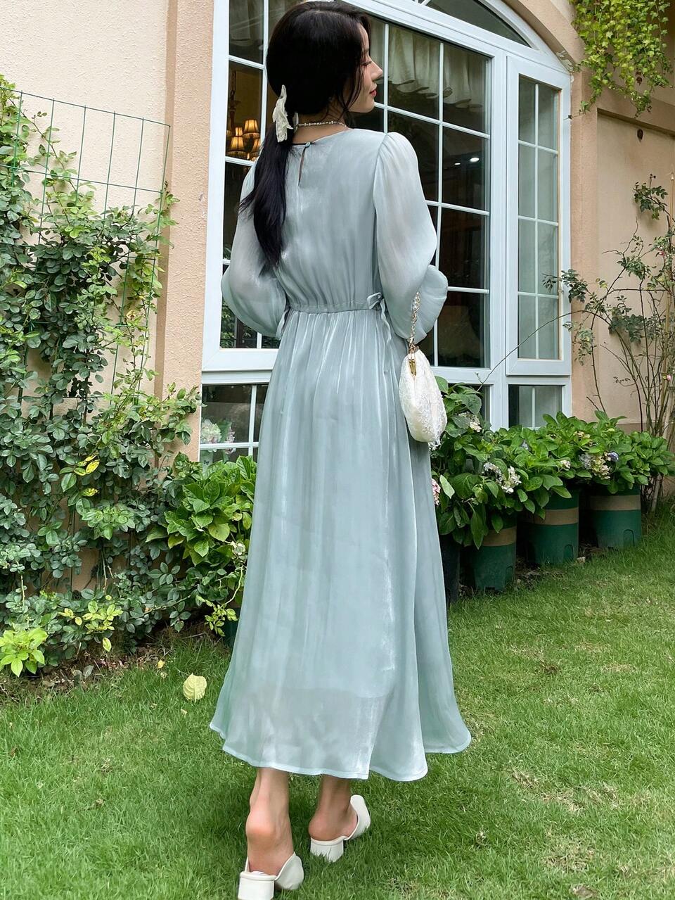 Solid Bishop Sleeve Drawstring Waist A-line Dress
