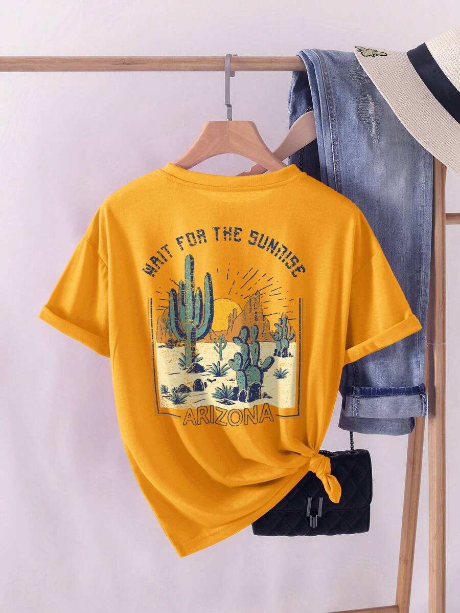 SHEIN LUNE Cactus And Slogan Graphic Tee - Yellow - View 1