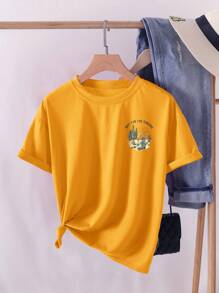 SHEIN LUNE Cactus And Slogan Graphic Tee - Yellow - View 2