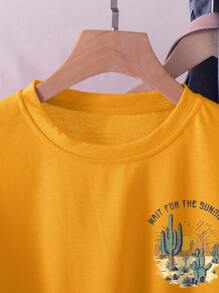 SHEIN LUNE Cactus And Slogan Graphic Tee - Yellow - View 3