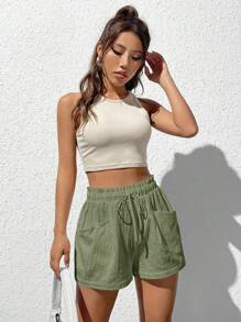 SHEIN EZwear Quần đùi nữ Dây kéo Túi Quần paper-bag màu trơn Giải trí - Màu xanh Bạc hà - Xem 3