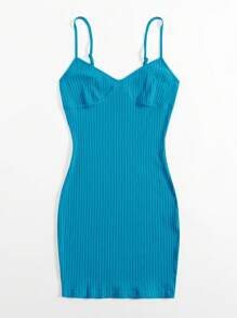 SHEIN EZwear 素色羅紋針織包臀連衣裙 - 藍色 - 查看 3