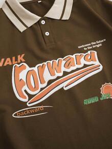 SHEIN EZwear 標語圖案拼接領半紐扣開襟T恤 - 咖啡棕 - 查看 5