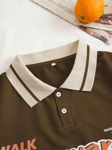 SHEIN EZwear 標語圖案拼接領半紐扣開襟T恤 - 咖啡棕 - 查看 6