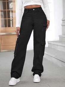 SHEIN Cottnline High Waist Flap Pocket Cargo Jeans - Black - View 1
