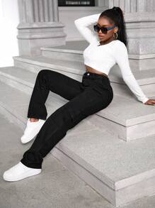 SHEIN Cottnline High Waist Flap Pocket Cargo Jeans - Black - View 2