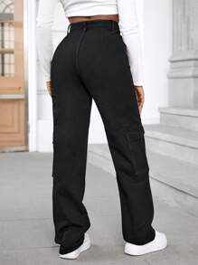 SHEIN Cottnline High Waist Flap Pocket Cargo Jeans - Black - View 3