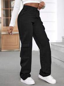 SHEIN Cottnline High Waist Flap Pocket Cargo Jeans - Black - View 4