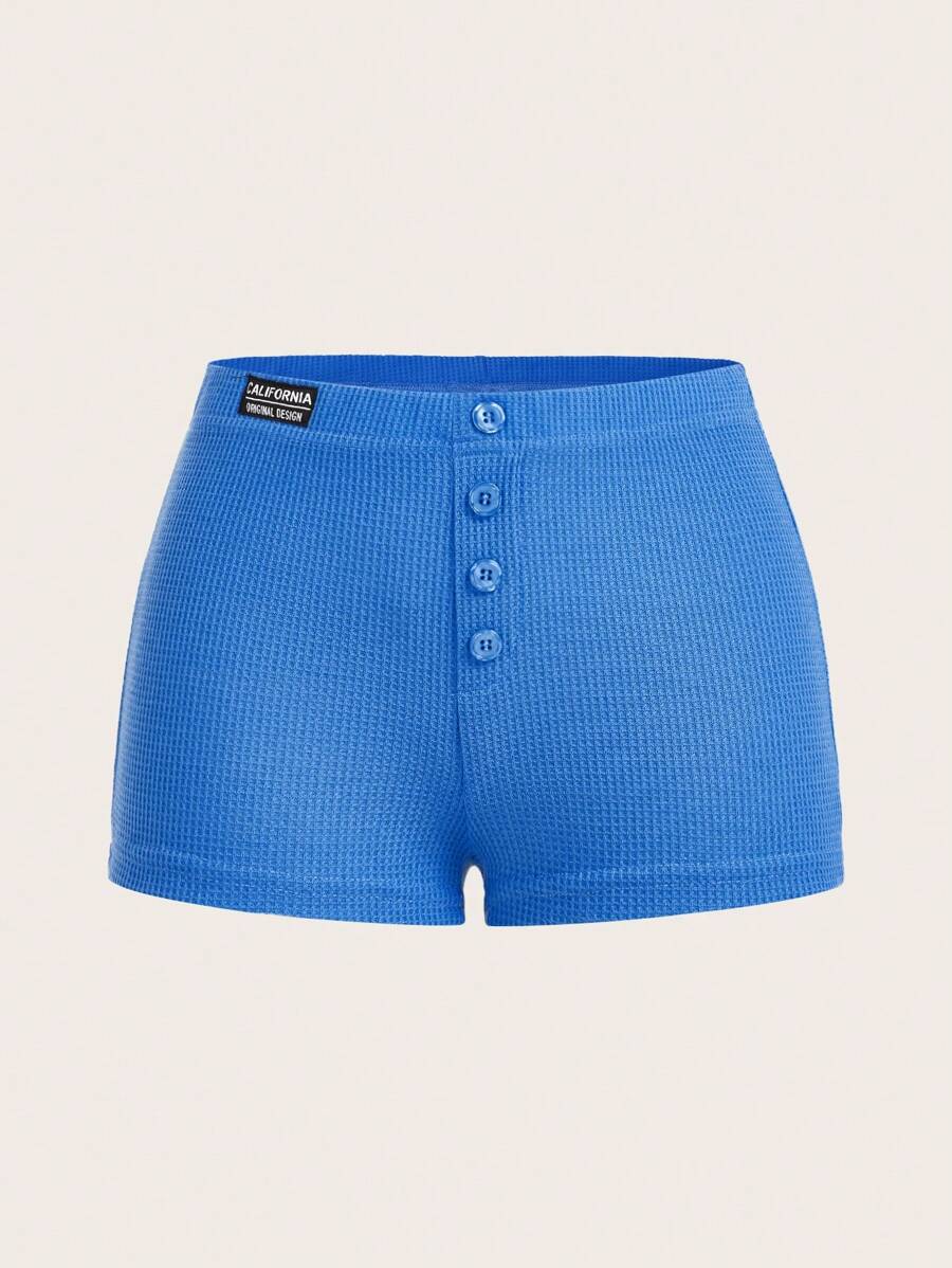 SHEIN ICON 字母補丁細節前紐扣短褲 - 藍色 - 查看 1