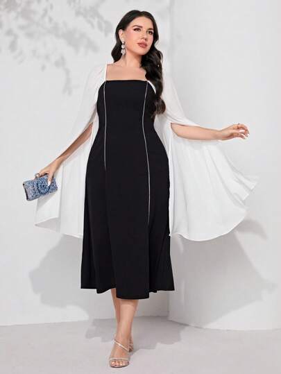 Modelyn 大碼拼接滾邊斗篷袖洋裝