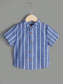 SHEIN Camisa De Botones Para Niños Con Patrón De Rayas - Azul - Ver 1