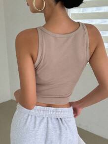 DAZY Solid Crop Tank Top Halter Top - Khaki - View 2
