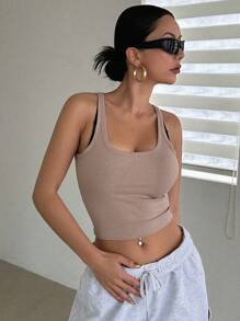 DAZY Solid Crop Tank Top Halter Top - Khaki - View 3