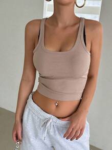 DAZY Solid Crop Tank Top Halter Top - Khaki - View 5