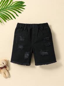 SHEIN Baby Boy Solid Color Frayed Denim Shorts With Distressed Details - Black - View 1