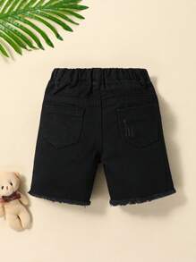 SHEIN Baby Boy Solid Color Frayed Denim Shorts With Distressed Details - Black - View 2