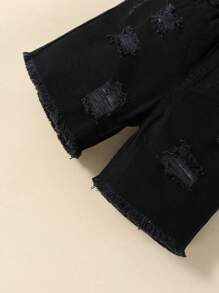 SHEIN Baby Boy Solid Color Frayed Denim Shorts With Distressed Details - Black - View 5