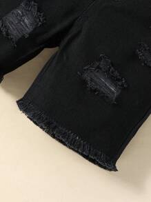 SHEIN Baby Boy Solid Color Frayed Denim Shorts With Distressed Details - Black - View 7