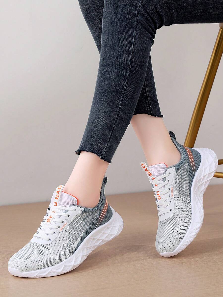 女士透氣字母圖案前綁帶跑步運動戶外運動鞋