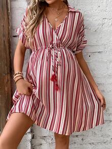 SHEIN Váy Bà bầu Dây kéo mép Thắt nút Trọn gói Sọc Giải trí - Nhiều màu - Xem 6