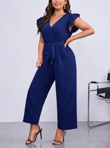 SHEIN Privé Mono ribete con fruncido con cinturón - Azul Marino - Ver 3