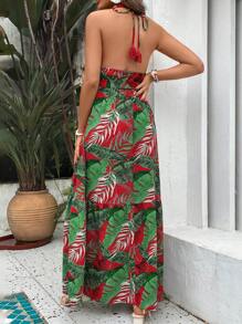 SHEIN Maternity Tropical Print Ruffle Hem Belted Halter Dress - Multicolor - View 1