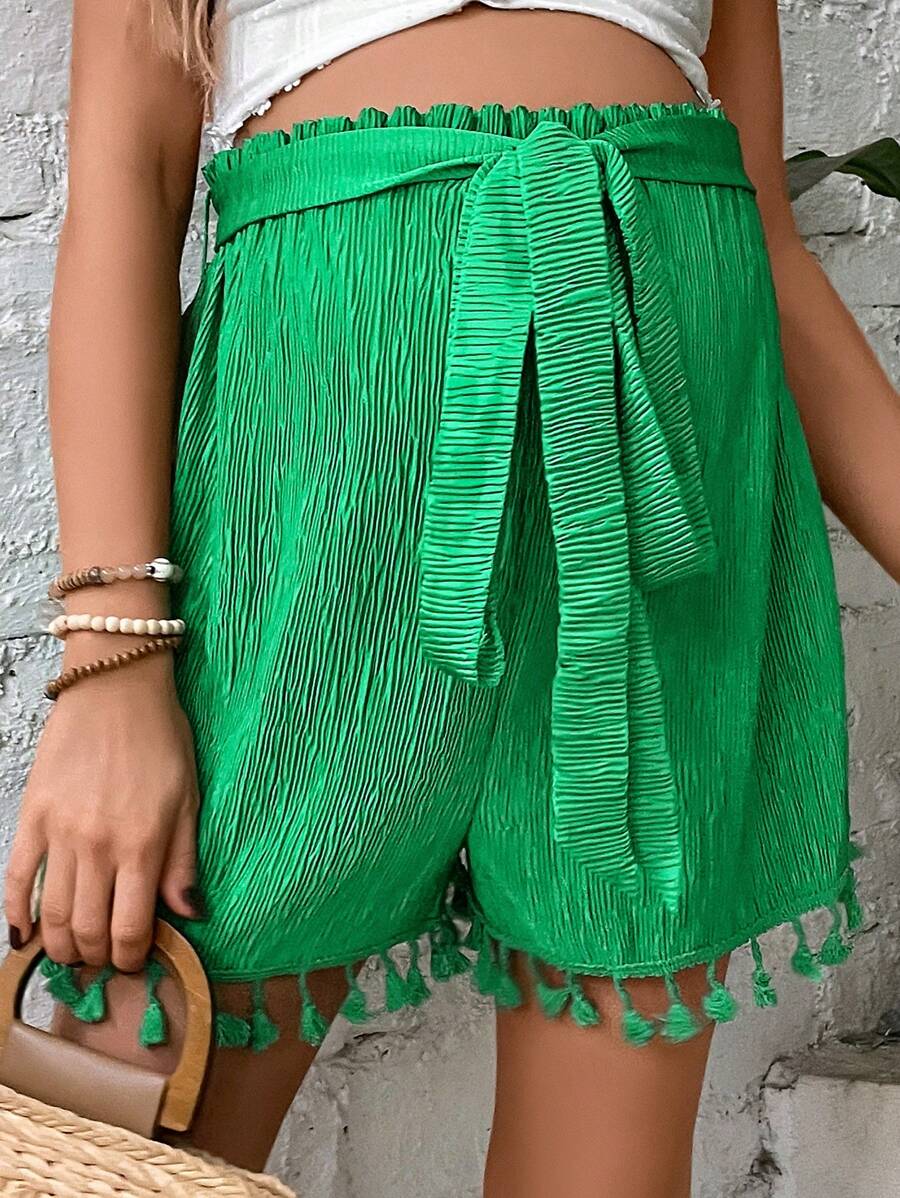 SHEIN 孕婦流蘇邊前繫帶短褲 - 綠色 - 查看 1