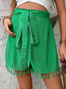 SHEIN 孕婦流蘇邊前繫帶短褲 - 綠色 - 查看 5