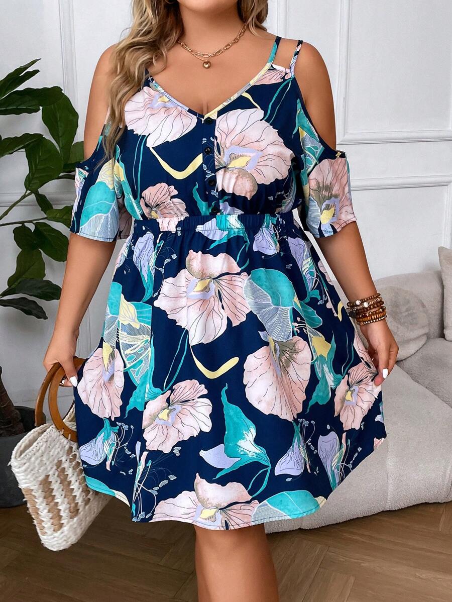 SHEIN LUNE Đầm Plus Size Nút phía trước Hoa Tất cả trên in Boho - Nhiều màu - Xem 1