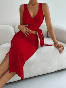 SHEIN Privé 素色側打結背心上衣和高衩半身裙 - 紅色 - 查看 1