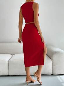 SHEIN Privé 素色側打結背心上衣和高衩半身裙 - 紅色 - 查看 2