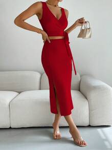 SHEIN Privé 素色側打結背心上衣和高衩半身裙 - 紅色 - 查看 3