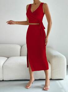 SHEIN Privé 素色側打結背心上衣和高衩半身裙 - 紅色 - 查看 4