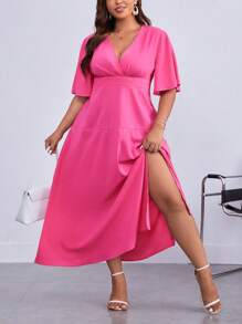 SHEIN Privé 大碼素色高衩A字連衣裙 - 玫紅色 - 查看 2