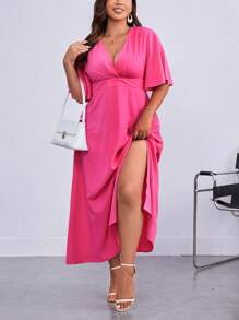 SHEIN Privé 大碼素色高衩A字連衣裙 - 玫紅色 - 查看 1