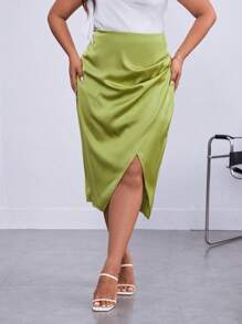 SHEIN Privé Váy Plus Size Bất đối xứng Trọn gói Dây kéo màu trơn Thanh lịch - Màu xanh chanh - Xem 1