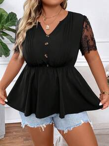 SHEIN LUNE Plus Contrast Lace Peplum Blouse - Black - View 3