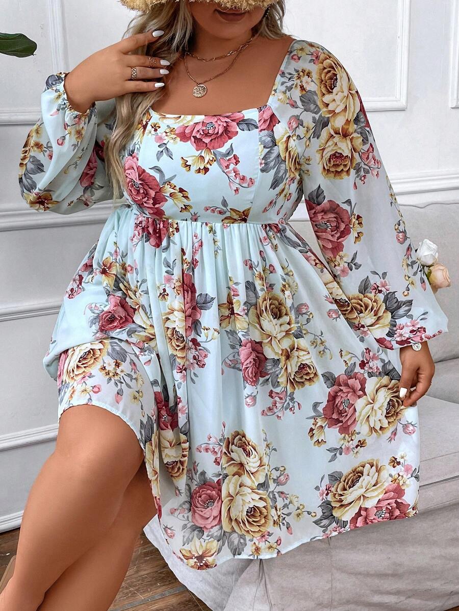 SHEIN Clasi 大碼印花燈籠袖連衣裙 - 彩色 - 查看 1