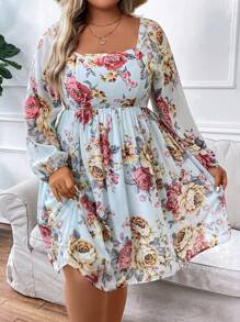 SHEIN Clasi 大碼印花燈籠袖連衣裙 - 彩色 - 查看 5