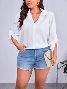 SHEIN Essnce 大碼素色前紐扣襯衫 - 白色 - 查看 4