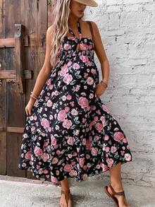 SHEIN Maternity Floral Print Open Back Halter Dress - Multicolor - View 5
