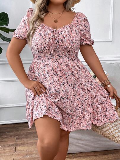 SHEIN Clasi Plus Size Boho Ditsy Floral Print Knot Front Ruffle Hem Dress