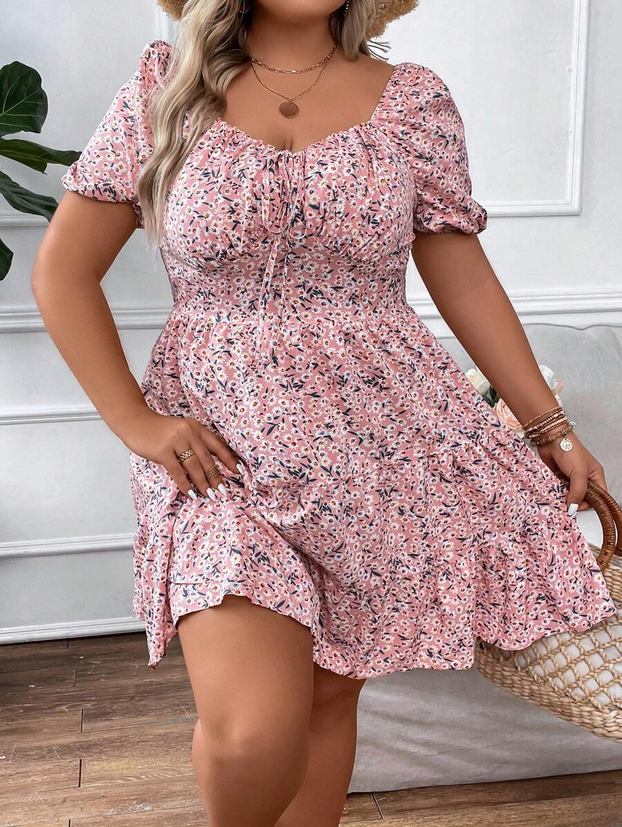 SHEIN Clasi Plus Size Boho Ditsy Floral Print Knot Front Ruffle Hem Dress - Pink - View 1