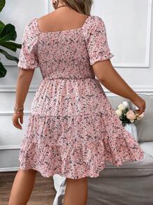 SHEIN Clasi Plus Size Boho Ditsy Floral Print Knot Front Ruffle Hem Dress - Pink - View 2