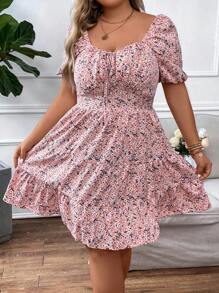 SHEIN Clasi Plus Size Boho Ditsy Floral Print Knot Front Ruffle Hem Dress - Pink - View 3