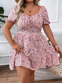 SHEIN Clasi Plus Size Boho Ditsy Floral Print Knot Front Ruffle Hem Dress - Pink - View 4