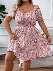SHEIN Clasi Plus Size Boho Ditsy Floral Print Knot Front Ruffle Hem Dress - Pink - View 5