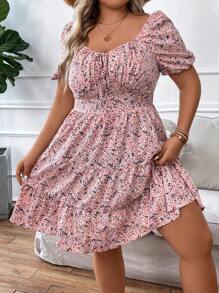 SHEIN Clasi Plus Size Boho Ditsy Floral Print Knot Front Ruffle Hem Dress - Pink - View 6