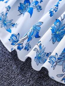 SHEIN Đầm Gái Thắt lưng Viên lá sen Hoa Dễ thương - Màu xanh lam - Xem 4
